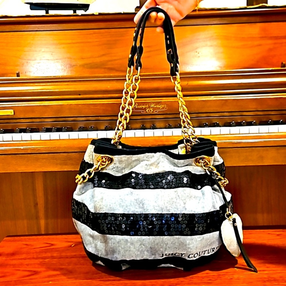 Juicy Couture Black & Gray Velour Bag Sequin Daydreamer Purse